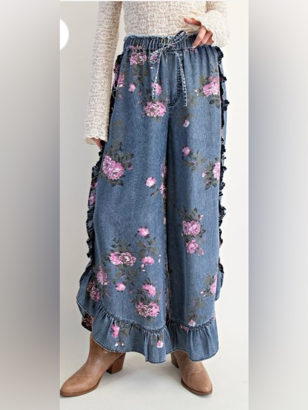 Easel Floral Print Ruffled Chambray Pants Boho Prairie Cowgirl Rodeo Plus Size